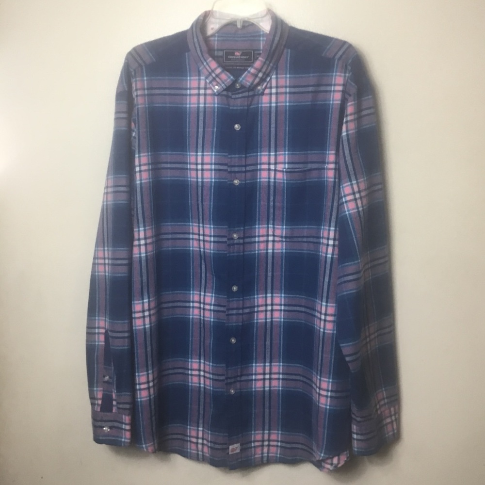 Vineyard Vines Performance blue pink plaid long sleeve button down shirt. XXL